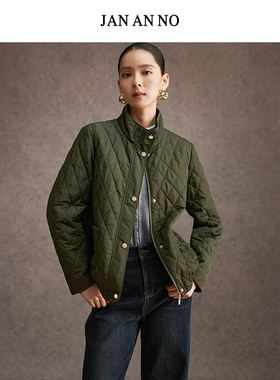 简爱诺秋冬新品女短款深绿色外套加厚格纹立领通勤棉服JA033624MF