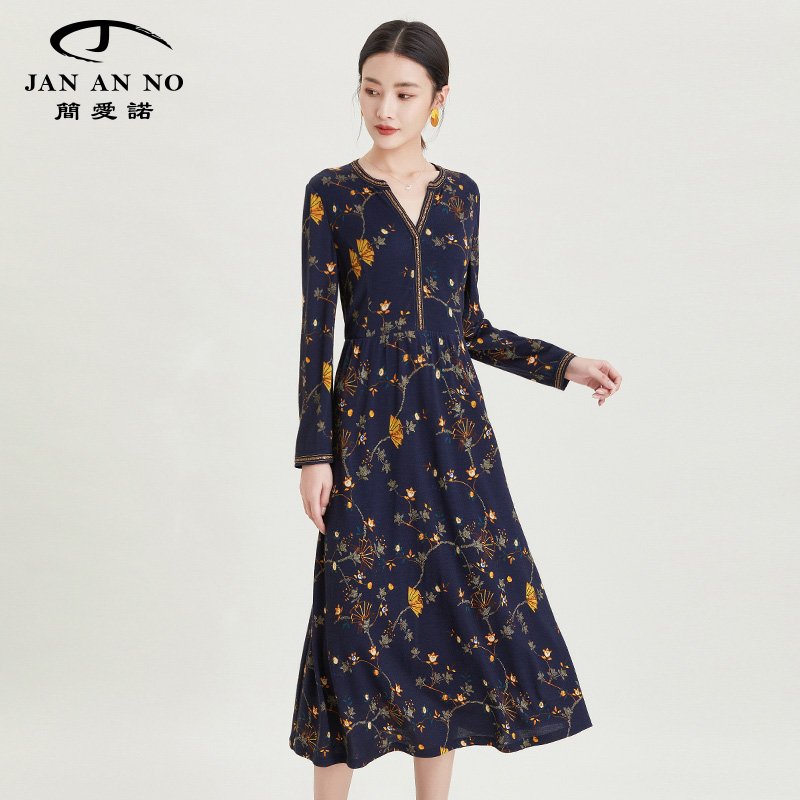 简爱诺秋冬V领长袖显瘦连衣裙