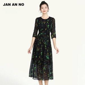JAN AN NO/简爱诺春夏新品长款桑蚕丝印花连衣裙女士J2010037LQ