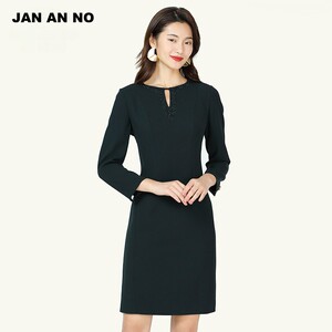 JAN AN NO 简爱诺春季绿色长袖圆领H版气质显瘦连衣裙J960004LQ