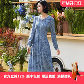 JAN 简爱诺优雅气质蓝色真丝100%桑蚕丝连衣裙春J2410032LQ
