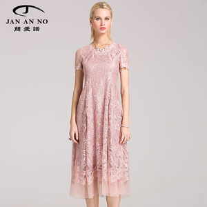 JAN AN NO简爱诺浪漫藕粉色细纹蕾丝收腰短袖连衣裙J810201LQ