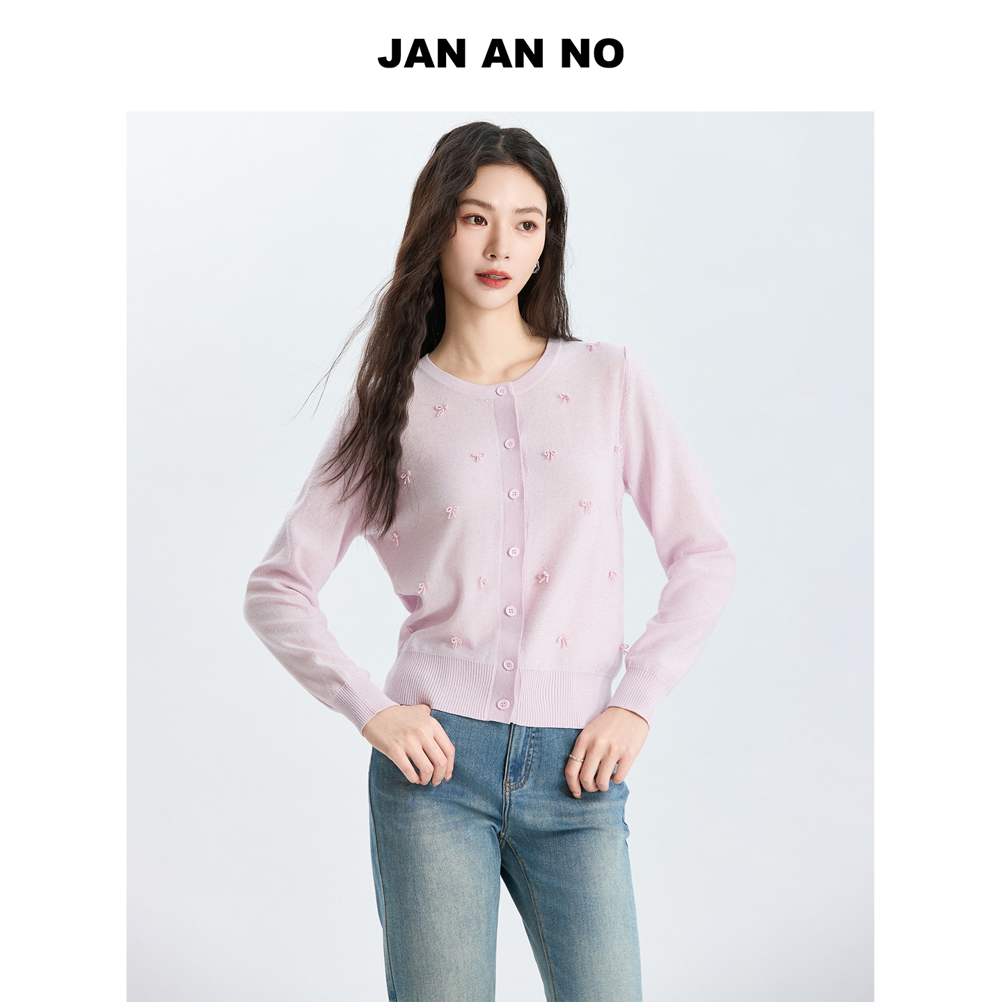 JAN AN NO 简爱诺钉珠蝴蝶结结衫女长袖开衫针织衫外搭J2577020ZS