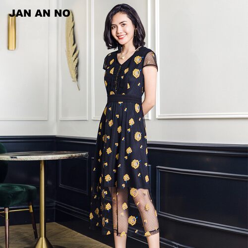 JAN AN NO简爱诺夏季新款V领钉珠网纱绣花气质连衣裙J920013LQ