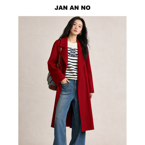 JAN AN NO 简爱诺法式优雅气质红色绵羊毛大衣外套春季J2610283DY
