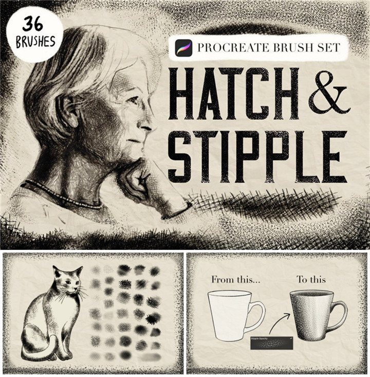 [70]Procreate插画绘画设计素材 复古点画阴影纹理特效笔刷插件