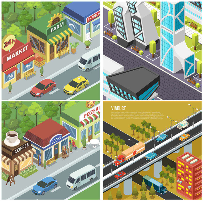 a1153矢量ai设计素材 扁平化轴测图城市卡通交通建筑场景插图
