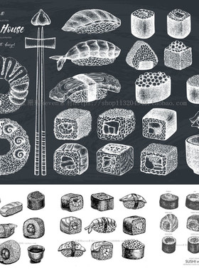 A1091矢量AI设计素材 复古日本寿司线稿菜单手卷三文鱼版画风插图