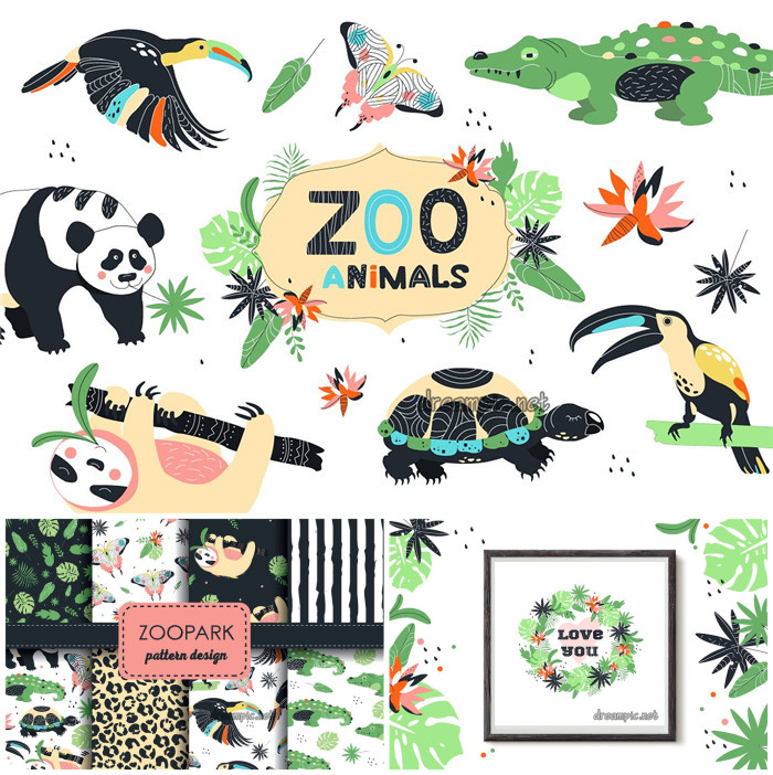 [745]AI矢量设计素材 卡通动物园四方连续印花图熊猫小鸟鳄鱼乌龟