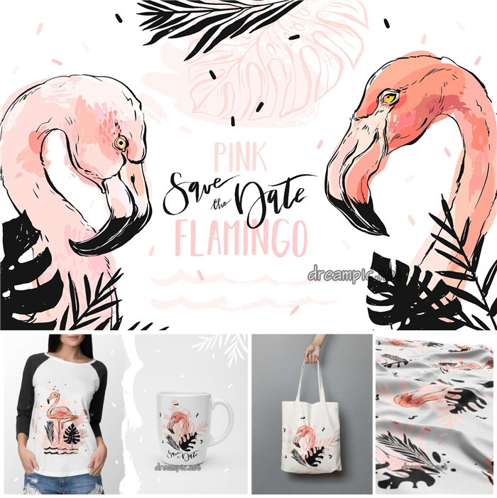 A0818矢量AI设计素材 水彩手绘粉色火烈鸟插画印花图含PNG
