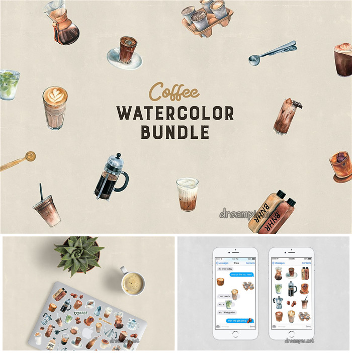 A0048矢量AI设计素材 水彩咖啡拉花外卖杯子手绘插画印花图+png