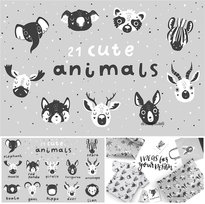 A0130矢量AI设计素材 可爱动物头像斑马大象印花包装背景+png