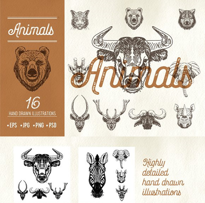 [606]AI矢量设计素材 手绘动物头像牛斑马狮子老虎狗狗熊+psd