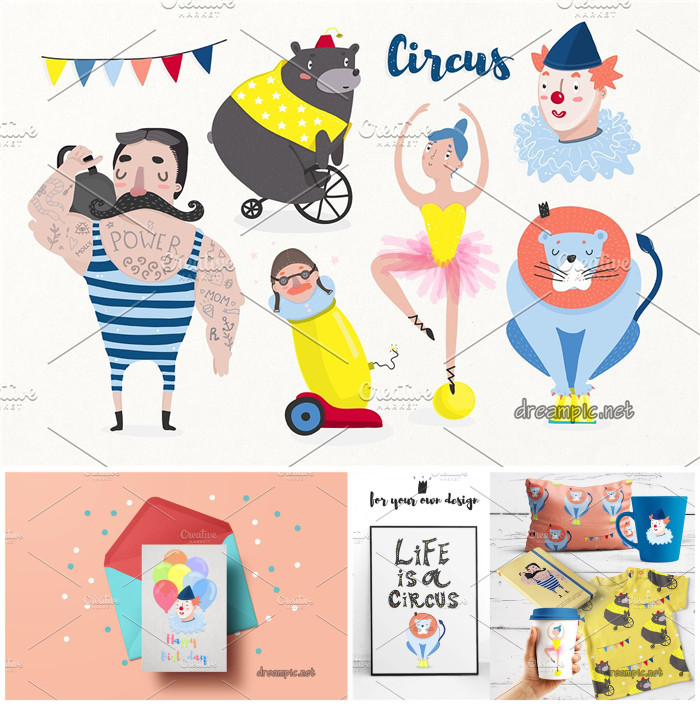 A0819矢量AI设计素材 卡通马戏团小丑动物表演插画