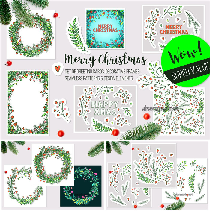 [748]AI矢量设计素材 圣诞节树枝树叶边框卡片装饰图案