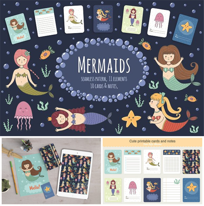 [692]AI矢量设计素材 卡通可爱美人鱼印花便签包装背景图+PNG高清