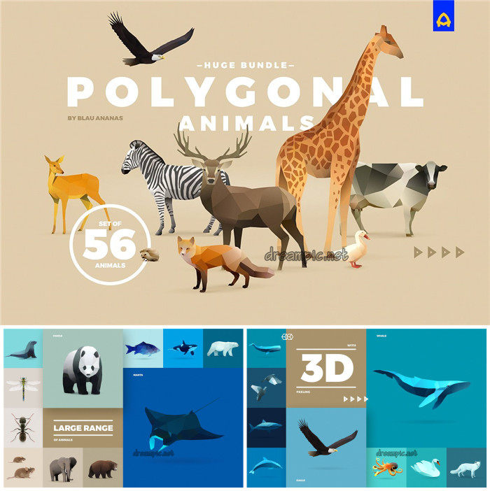 [774]AI矢量设计素材 56个几何马赛克风格动物熊猫鱼家禽狗狗斑马