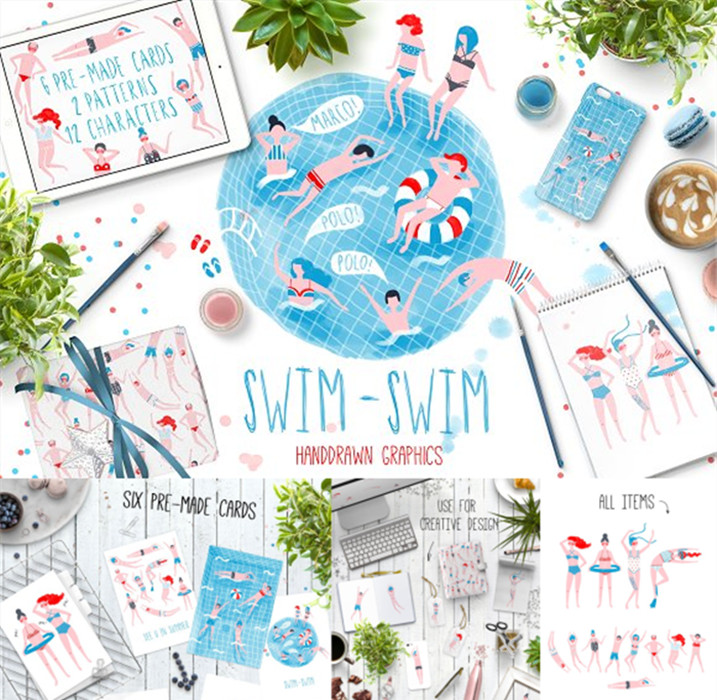 [698]AI矢量设计素材 扁平化游泳池人物印花包装含PNG+PSD高清