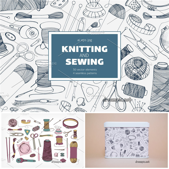 [744]AI矢量设计素材 手绘针线手工DIY风格印花包装纹理背景图