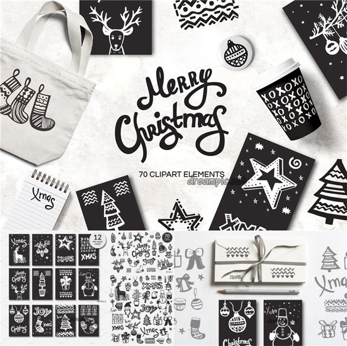 [751]AI矢量设计素材 圣诞节手绘插画logo卡片线稿图含PNG