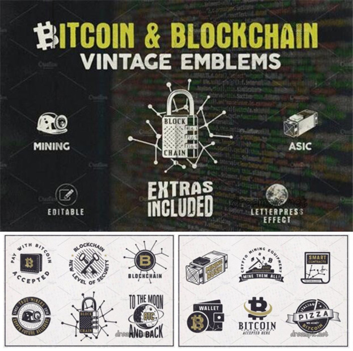 A0103矢量AI设计素材 复古比特币区块链主题logo标签插画+psd+svg