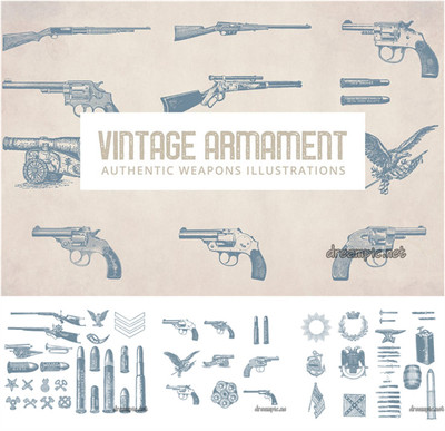 A0881矢量AI设计素材复古手绘军事武器版画风格插画logo印花含PNG