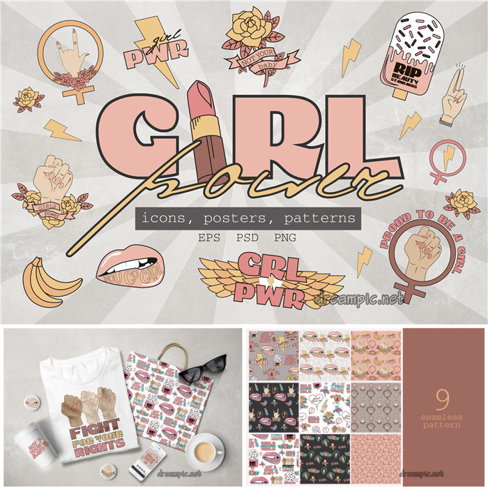 A0431矢量AI设计素材 卡通女孩贴纸风格插画logo印花包装背景+png