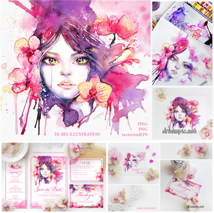 A0877矢量AI设计素材 水彩手绘女孩肖像头像花朵婚礼请柬模板+psd