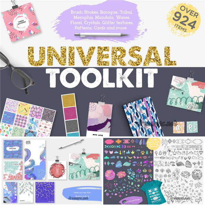 A0425矢量AI设计素材 924个手绘水彩背景印花纹理形状工具包图形