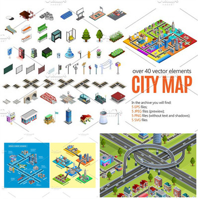 [649]AI矢量设计素材 扁平化Isometric城市交通建筑信息图标icons
