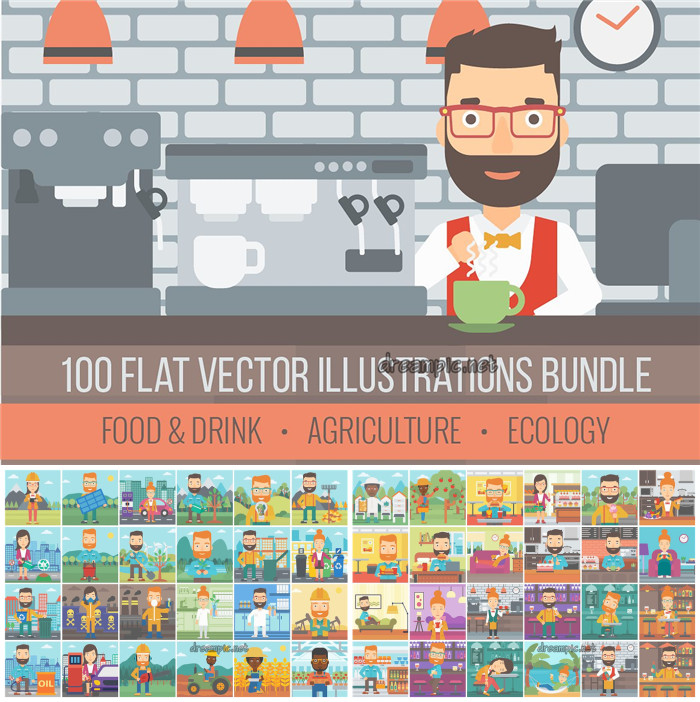 [773]AI矢量设计素材 100个扁平化人物职业农民厨师酒吧食物饮料
