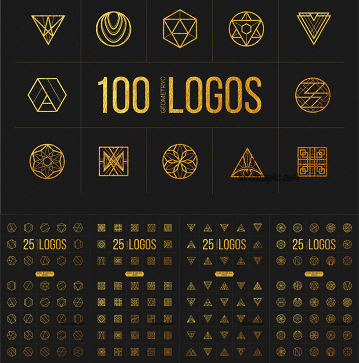 A0809矢量AI设计素材 100个logo创作基本图形线条金色背景图+psd