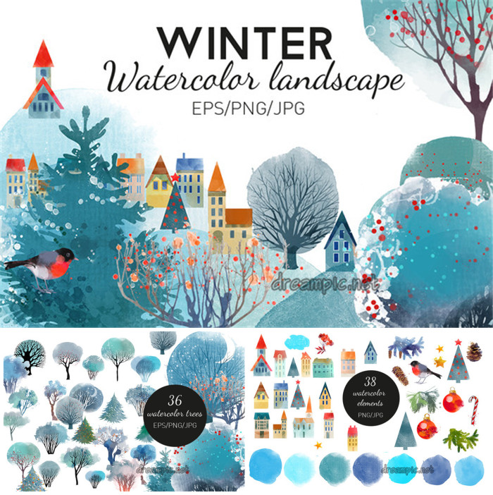 A0196矢量AI设计素材 水彩欧式房屋建筑背景冬天景色树林小鸟PNG