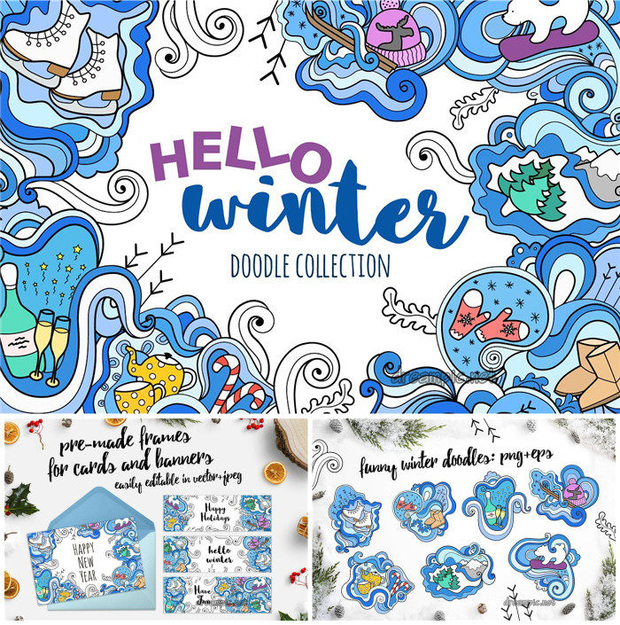 [747]AI矢量设计素材 手绘冬季滑雪手套UGG茶壶涂鸦插画banner