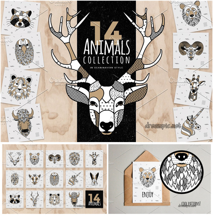 A0806矢量AI设计素材 卡通几何花纹北欧风格动物头像插画+png