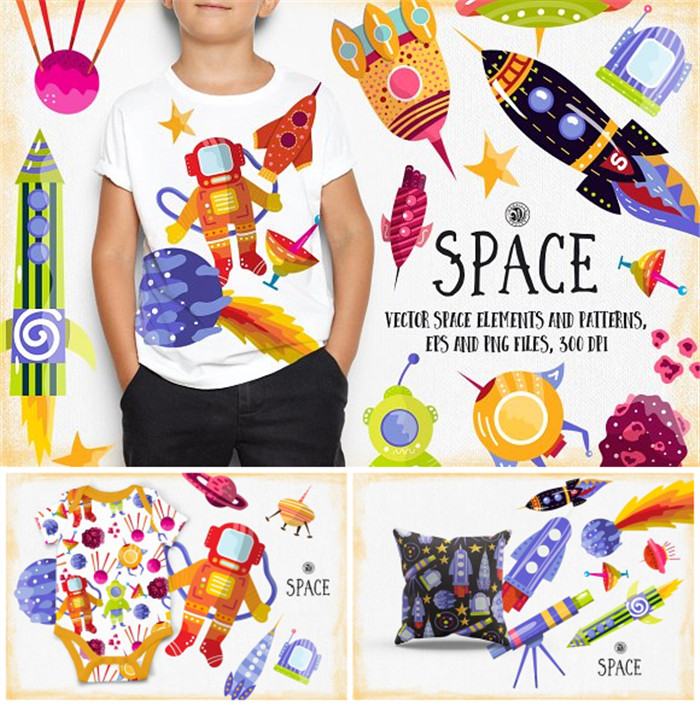 [672]AI矢量设计素材 卡通可爱宇宙火箭印花包装儿童T恤插画含PNG