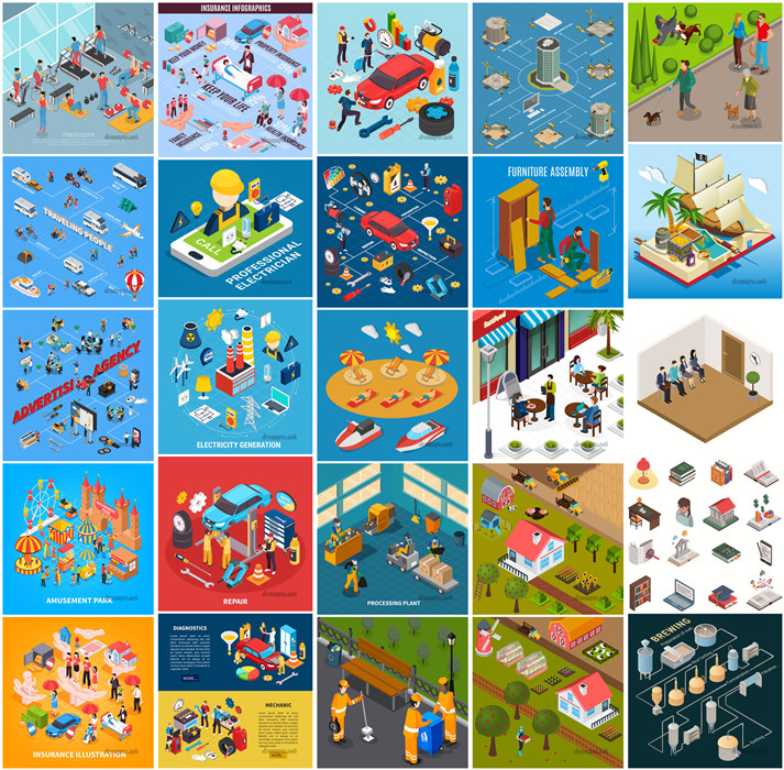 A0032矢量AI设计素材 25张扁平化轴测图信息图生活商务人物场景