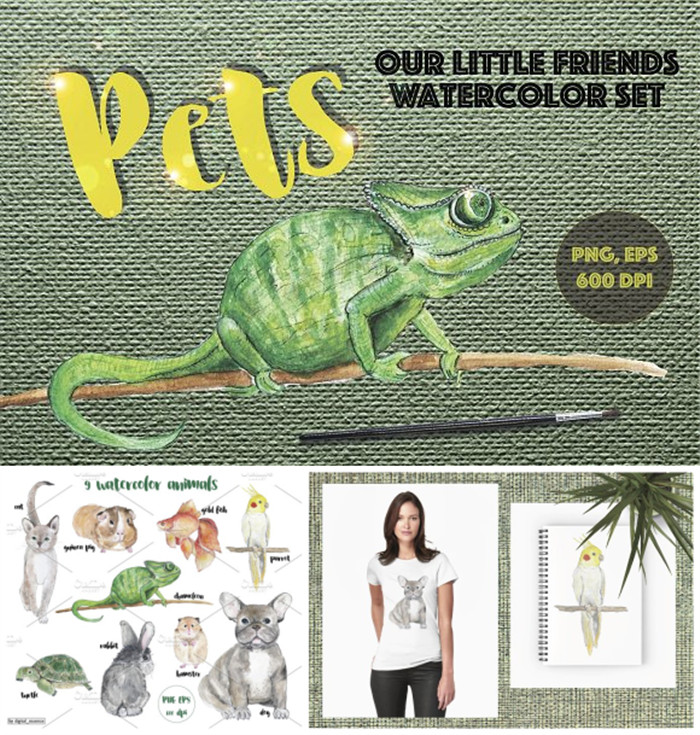 [626]AI矢量设计素材 水彩手绘动物插画猫咪蜥蜴仓鼠金鱼鹦鹉兔子