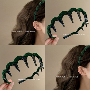 迷漫雾绿~丝绒波浪头箍女秋冬高颅顶压发发卡带齿缠绕发箍盘发器