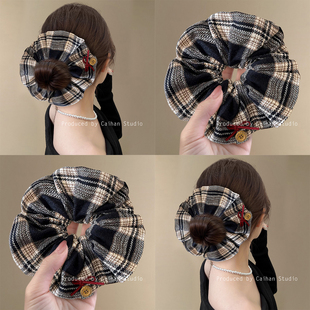 北欧港湾~复古撞色格纹大肠发圈小众设计感纽扣蝴蝶结发绳盘发器