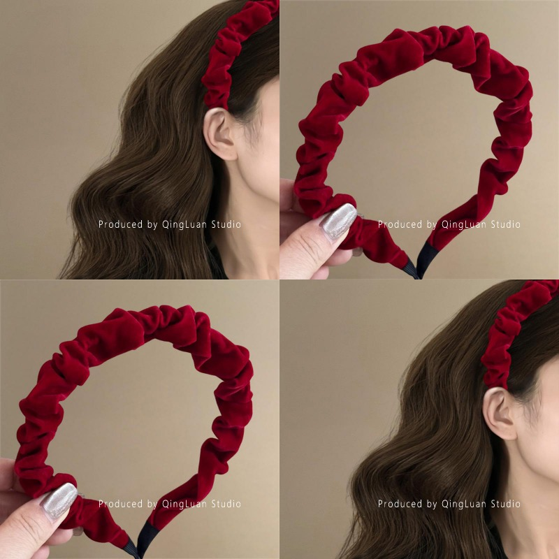 复古红~法式丝绒褶皱发箍新款