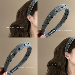 海绵头箍2024新款 窄版 海绵旅行发饰 椭圆金标波点发箍 chill灰