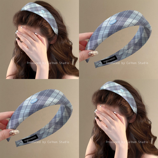 甜氧气息~韩系蓝格纹宽边发箍女2026新款气质学院风头箍旅行发卡