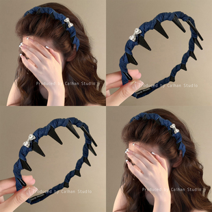 牛仔淡法式~蝴蝶结水钻带齿发箍高颅顶蓬松发量头箍优雅牛仔发捆