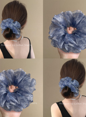 月海潮汐~蓝色晕染大肠发圈高级感满天星细闪欧根纱发绳旅行发卡