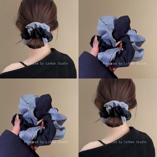 睿智老钱~韩国蓝白条纹大肠发圈简约高级感气质ins头圈发绳盘发器