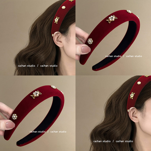 红色晚礼服~仿珍珠水钻花朵发箍2025新款高颅顶头箍法式旅行发卡