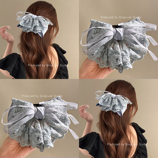 月光变奏曲~蓝色蕾丝蝴蝶结马尾夹公主芭蕾风抓夹女高级感盘发器