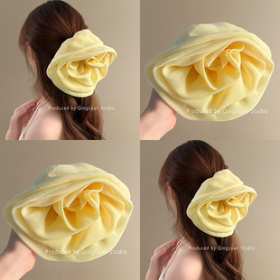 罗浮花梦~超仙绢纱黄玫瑰发夹韩国东大门甜美ins风大号弹簧夹盘发