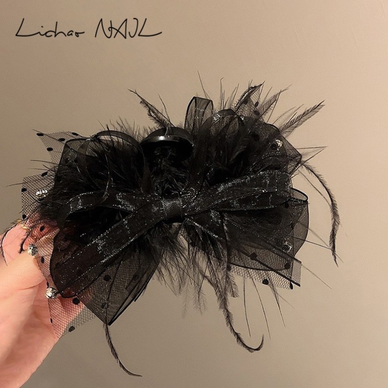 夜幕降临！黑色羽毛抓夹！超仙网纱蝴蝶结抓夹公主头鲨鱼夹发饰
